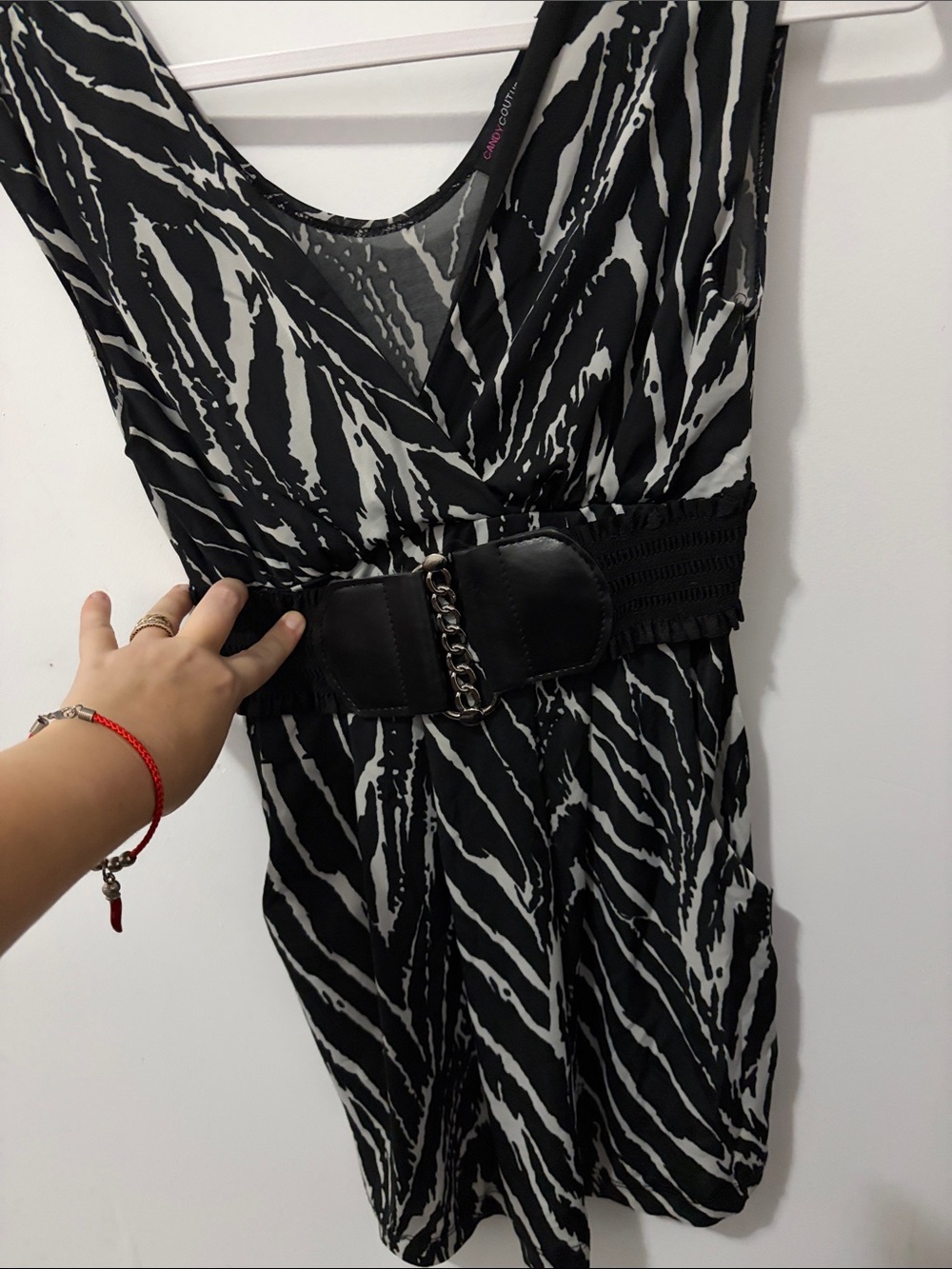 Black & White Zebra Print Wide Waist Belt - Chic Elastic Chain Buckle
